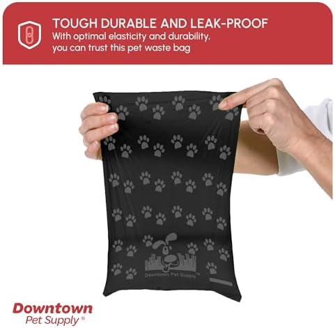 Downtown Pet Supply Poop Bags for Dogs with Dispenser, 180 Count - Leak-Proof Dog Waste Bags and Bone-Shaped Dog Poop Bags Holder for Leash - Black with Paw Prints, 12.5" x 8.5"