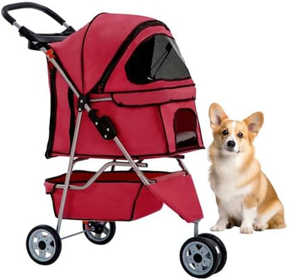 BestOffice Pet Stroller for Small Medium Dogs & Cats, 3-Wheel Foldable Dog Stroller with Cup Holder, Lightweight Travel Carrier, Waterproof Design for Outdoor Walks, Red