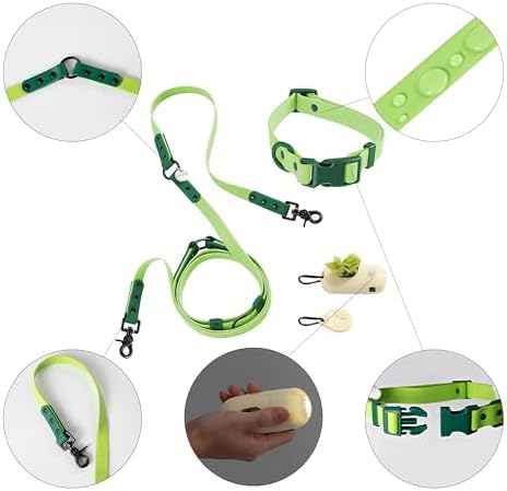 Medium Luna 8FT Adjustable 6-in-1 Waterproof Hands-Free Leash and Collar Set with LED Flashlight, Waste Bag Dispenser, and Poop Bag Holder, Green, Mojito WLK1005B-5SET