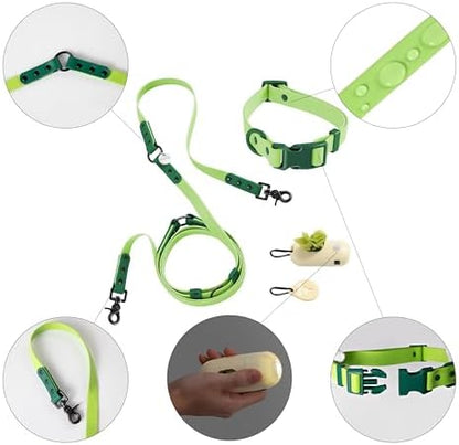 Medium Luna 8FT Adjustable 6-in-1 Waterproof Hands-Free Leash and Collar Set with LED Flashlight, Waste Bag Dispenser, and Poop Bag Holder, Green, Mojito WLK1005B-5SET