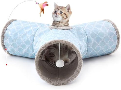 Tempcore Cat Tunnel, 3-Way Collapsible Toy for Indoor Cats, Geometry Blue