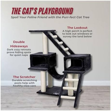 TRIXIE Malaga Cat Tower – Cat Tree with Extra-Thick Sisal Posts, Caves, Platforms & Hammock – Durable Cat Furniture for Indoor Cats – Gray, 18" x 28" x 43"
