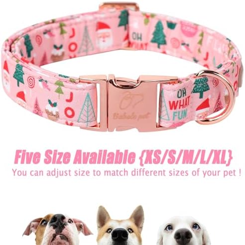 Christmas Dog Collar for Small Dogs - Adjustable Pink Christmas Collars for Dogs with Cute Santa&Tree Print, Heavy-Duty Winter Cotton Puppy Collar with Metal Buckle S