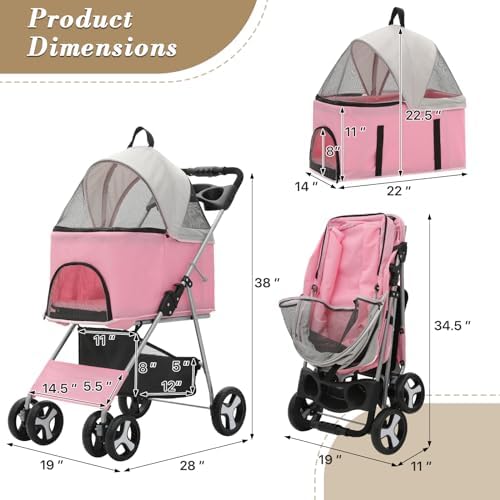 Athena Collection 4 Wheels Pet Stroller for Medium Dogs 33 Lbs Puppy Cat Pet Dog Stroller with Detachable Carrier, Cup Holder Tray, Bottom Storage, Pink