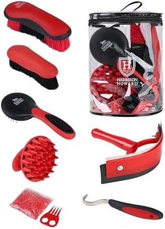 Harrison Howard Horse Grooming Kit, 7 Piece Horse Brush Set with Curry Comb, Hoof Pick, Sweat Scraper & Bag Red