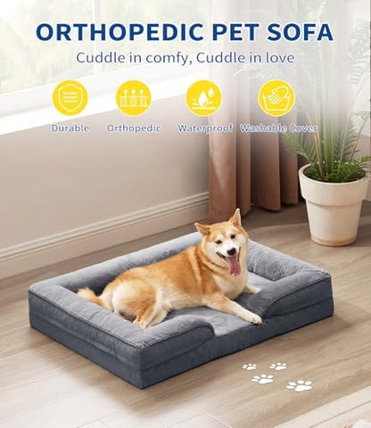 Made4pet Dog Bed Orthopedic, Dog Sofa for Small Dogs Supportive Foam Pet Cushions Bed with Washable Removable Cover, Egg-Crate Foam, Waterproof Lining Bottom, Grey, 35 * 23 * 6.5 Inch