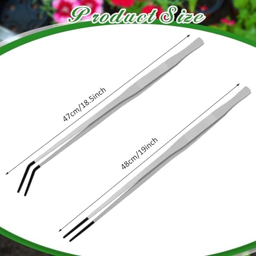 Lasnten 2 Pcs Extra Long Stainless Steel Reptile Feeding Tongs with Rubber Tip 18.5 Inch, 18.9 Inch Bearded Dragon Aquarium Straight and Curved Long Tweezer Terrarium Feeder Tool for Tank(Silver)