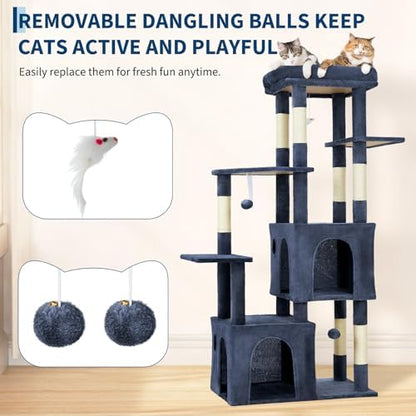 Takywep Blue 61" Heavy Duty Cat Tree, Multi-Level Sturdy Cat Tower,2 Spacious Cat Condos Natural Sisal Scratching Posts & Interactive Toys
