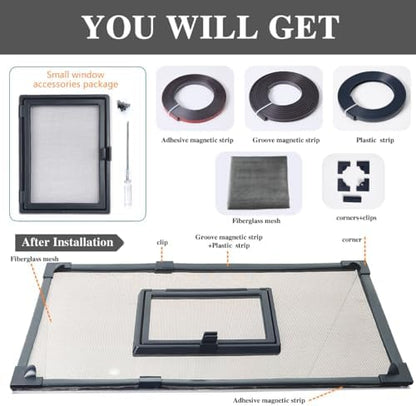 Magnetic Fish Tank Cover with Feeding Window Dark Grey Frame Grey Fiberglass Net,DIY Fish Tank Lid Adjustable Size Fit Tank Size Max 35''X19'' for Preventing Fish from Jumping Out and Reptile Escaping