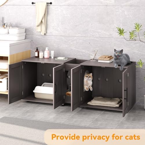 Garvee Cat Litter Box Enclosure for 2 Cats, 55" Hiddden Litter Box Enclosure Furniture 3-in-1 Wooden Litter Cabinet with Barn Door & Double Rooms for Bedroom Living Room,Walnut