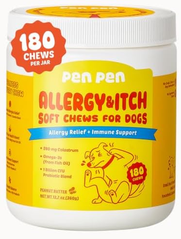 PENPEN Dog Allergy Chews - Anti-Itch & Itchy Skin Support for Dogs, Probiotics & Omega 3 (Fish Oil) for Immune & Gut Health - Peanut Butter Flavor - 180 Soft Chews