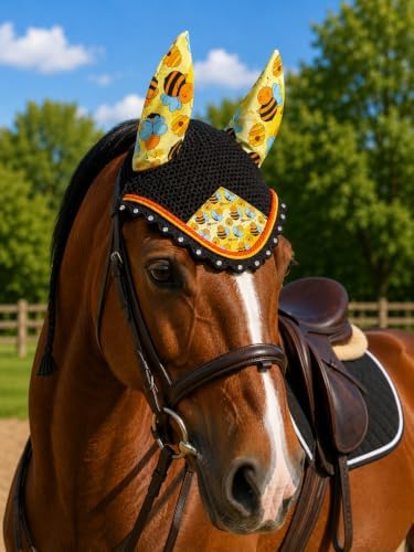 Horse Ear Bonnet for Horses, Floral Print Fly Bonnet with Crystal Edge, Handmade Crochet Fly Veil, Breathable Stretch Ears (Honey BEE Print, Horse/Full)