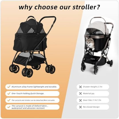 Pet Stroller Quickly Folds for Easy Storage Cat Stroller with Detachable Carrier Thickened Oxford Cloth Breathable Basket Dog Strollers for Small Dogs (Blue)