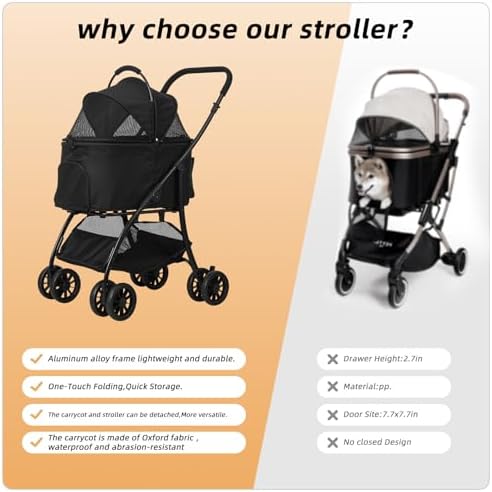 Pet Stroller Quickly Folds for Easy Storage Cat Stroller with Detachable Carrier Thickened Oxford Cloth Breathable Basket Dog Strollers for Small Dogs (Black)