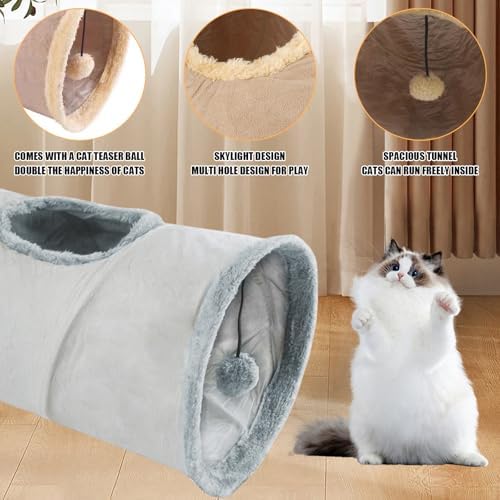 Cat Tunnel,Indoor Cat Play Tube Toys with Play Ball,Durable Collapsible Rabbit Hideaway Tunnel for Kitten,Bunny, Guinea Pig, Rat, Hamster, Ferret, Chinchilla (Grey)