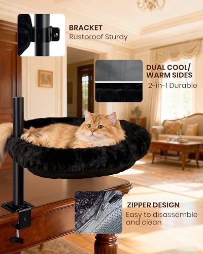 L&W BROS. Cat Desk Bed, 20.5"x18.5" Foldable Clamp-On Desk Cat Hammock for Large Cats, 50lb Capacity Space-Saving Desk Cat Perch with Washable Plush Fleece Cover for Gaming & Office Desk