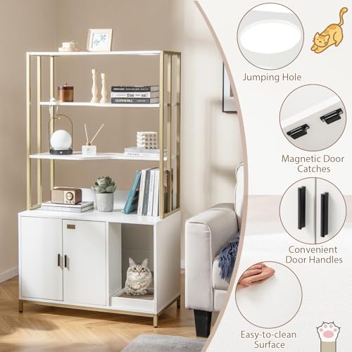 PETSITE Cat Litter Box Furniture with 3 Shelves and Doors, 61 inch Tall Cat Box Enclosure with Display Shelves, Scratching Pad, Indoor Hidden Litter Box with Decorative Storage Shelving (White)