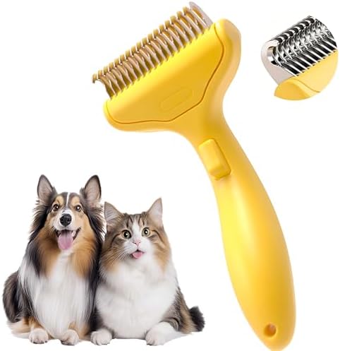 Dematting Comb and Deshedding Brush for Double-Coated Dogs and Cats,Undercoat Rake Pet Brush for long haired and Matted Fur Pets,Grooming Tool for Kitten, Puppy and Rabbit (Yellow)