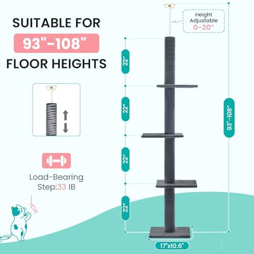 Max & Marlow 95-108" Floor to Ceiling Cat Tree for Indoor Cats, Dark Grey