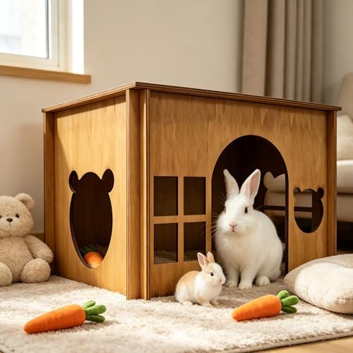 Large Sturdy Wooden Rabbit Castle Hideout with Spacious Balcony, Detachable Bunny Playhouse Hideaway Cage Accessories, Indoor Habitat Toys for Guinea Pig Chinchilla Hamster Gerbil Small Animals