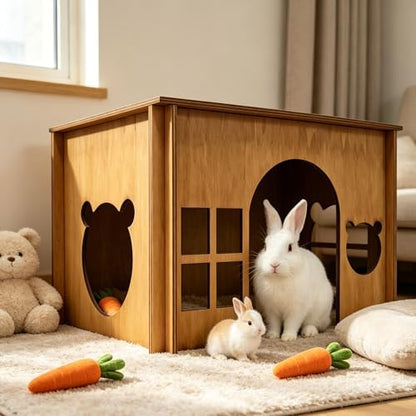 Large Sturdy Wooden Rabbit Castle Hideout with Spacious Balcony, Detachable Bunny Playhouse Hideaway Cage Accessories, Indoor Habitat Toys for Guinea Pig Chinchilla Hamster Gerbil Small Animals