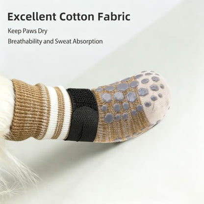 PUPTECK Anti-Slip Dog Socks with Double Sides for Small Medium Large Dogs Hardwood Floors Prevents Licking, Dog Shoes for Hot Pavement Traction Control Paw Protector for Senior Dogs, Striped Khaki XL