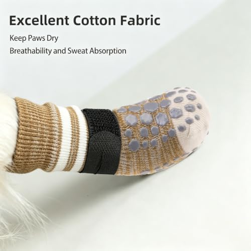 PUPTECK Anti-Slip Dog Socks with Double Sides for Small Medium Large Dogs Hardwood Floors Prevents Licking, Dog Shoes for Hot Pavement Traction Control Paw Protector for Senior Dogs, Striped Khaki M