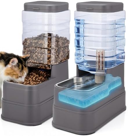 2 Pack Automatic Cat Feeder and Water Dispenser 1.3 Gallon Dog Gravity Food Feeder and Water with Ice Pack Stainless Steel Dry Food and Water Bowl for Small Medium Large Pets (Grey)