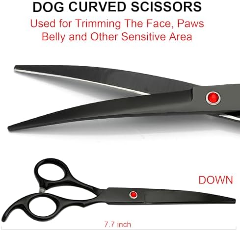 TINMARDA Dog Grooming Kit, Titanium Black Stainless Steel Dog Grooming Scissors with Curved Shears, Black Finger Rings - 4 Piece Sharp Durable Pet Shears for Dogs Cats At Home Salon-Quality Grooming