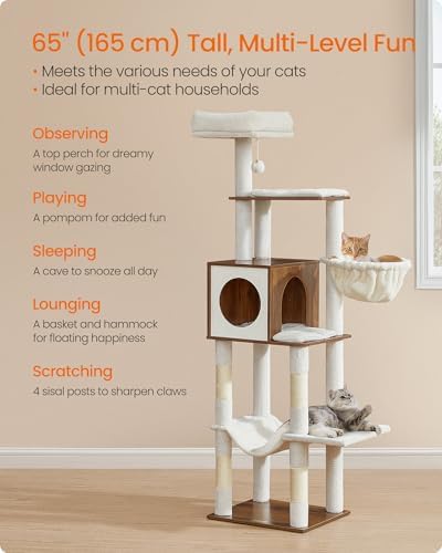 Feandrea Cat Tree, 65-Inch Tall Cat Tower, Multi-Level Condo with Cave