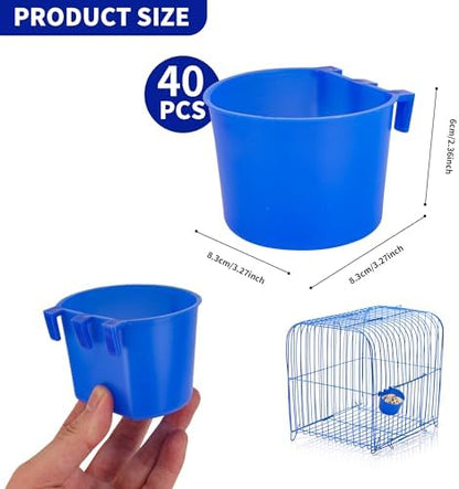 40 Pcs Cage Cups Birds Feeders Bird Water Dispenser Hanging Quail Waterer Plastic Chicken Feeding Watering Dish for Small Coop Parrot Parakeet PET Poultry Gamefowl Food Seed Bowl Supplies(Blue,8oz)