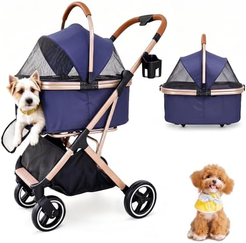 Chihuahua 3-in-1 Foldable Pet Stroller 4-Wheel for Small Dogs,Navy Blue
