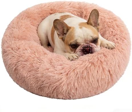 Calming Donut Dog Bed Medium Size Dog - Washable Removable Cover Non-Slip Bottom, Round Pet Bed Cat Bed Warming Fluffy Plush Faux Fur Anti-Anxiety, Fits up to 45 lbs (Blush, 30")