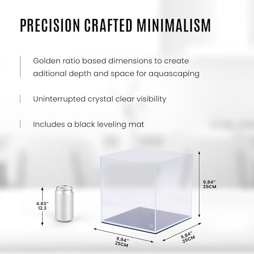 Ultum Nature Systems Ultra Clear Rimless Aquarium - Low Iron Glass Fish Tank with 45° Mitered Edges, 5mm-12mm Thick, Leveling Mat Included (25C, Cube, 4 Gallon)
