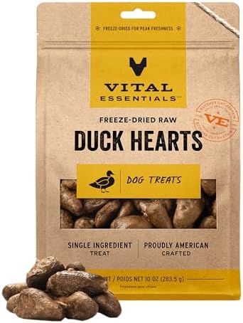 Vital Essentials Freeze Dried Raw Duck Hearts Dog Treats, 10 oz Bag