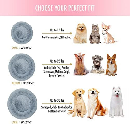Anti Anxiety Round Fluffy Plush Faux Fur Warm Washable Dog Bed & Cat Bed, Original Bed for Small Medium Large Pets,Used to Relieve Joints and Improve Sleep（20"/24"/27''） (27", Light Grey)