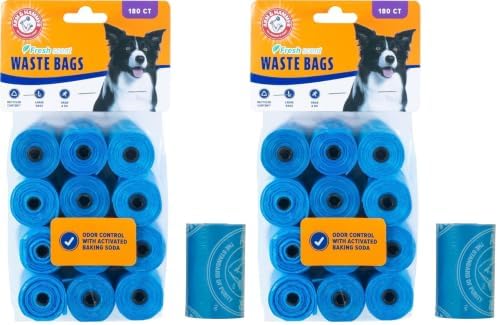 Arm & Hammer Durable Disposable Dog And Cat Waste Bags With Activated Baking Soda, 180 Dog Poop Bags, 9 x 14 Inches, Blue (Pack of 2)
