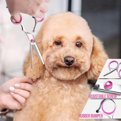 Gimars Dog Grooming Scissors Kit Professional 4CR with Safety Round Tip, 5 in 1 Heavy Duty Titanium Coated Thinning & Curved & Straight Shears