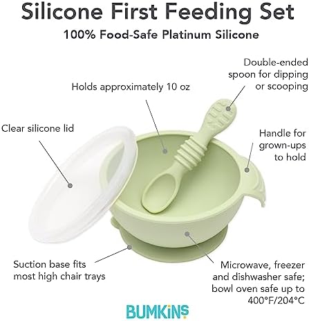 Bumkins Baby Bowl, Silicone Feeding Set with Suction for Baby and Toddler, Includes Spoon and Lid, First Feeding Set, Training Essentials for Baby Led Weaning for Babies 4 Months Up, Sage