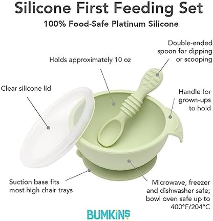 Bumkins Baby Bowl, Silicone Feeding Set with Suction for Baby and Toddler, Includes Spoon and Lid, First Feeding Set, Training Essentials for Baby Led Weaning for Babies 4 Months Up, Sage