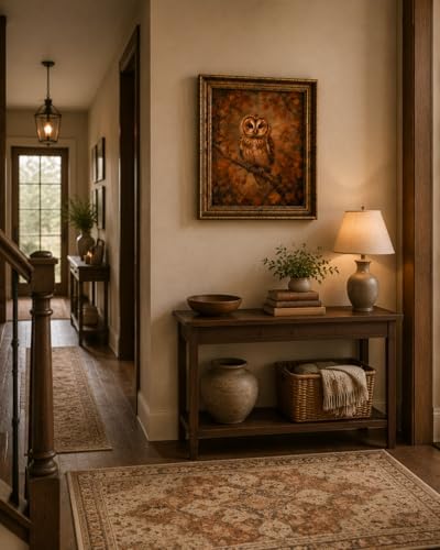Framed Vintage Style Wall Art Rustic Forest Animal Elegant Owl Canvas Print Poster Farmhouse style artwork suitable for bedroom or living room 12x16 inches designed for wall hanging or tabletop display