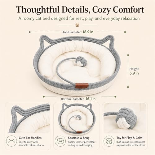 Instinct Cat Basket Bed, Handwoven Cotton Rope Cat Bed with Toy Ball and Cat Ear Handles, Breathable Scratch-Friendly Round Woven Basket for Indoor Cats and Kittens Grey