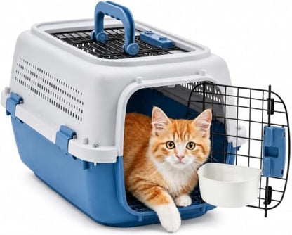 23" Airline Approved Cat Carrier Hard Shell, Dual-Entry Pet Carrier with Top & Front Doors, Detachable Food Bowl & Secure Lock, Breathable Dog Carrier for Cats & Small Dogs Up to 22 lbs - Blue
