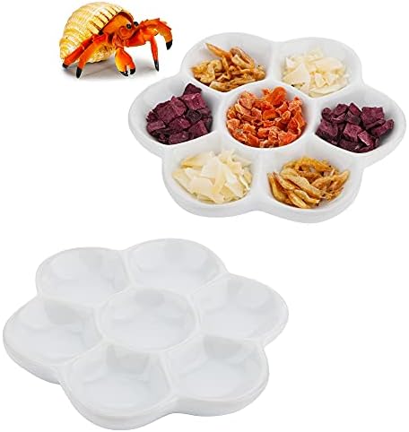 DQITJ 2 Pcs Hermit Crab Ceramic Food Dish, 7 Compartments Anti-turning Food & Water Bowl (White)
