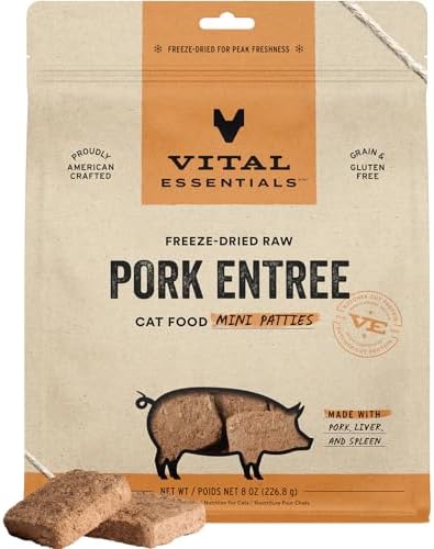 Vital Essentials Freeze Dried Cat Food, Pork Mini Patties, 8 oz Bag
