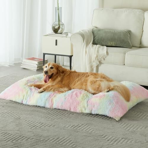 BFPETHOME Dog Beds for Large Dogs, Plush Dog Crate Bed Fluffy Cozy Kennel Pad for Sleeping &Ease Anxiety, Washable Pet Mats with Anti-Slip Bottom for Large Medium Dogs, Pet Bed, Rainbow