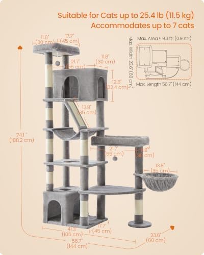 Feandrea Large Cat Tree, 74.1" Tall Sturdy Cat Tower for Indoor, Dove Gray
