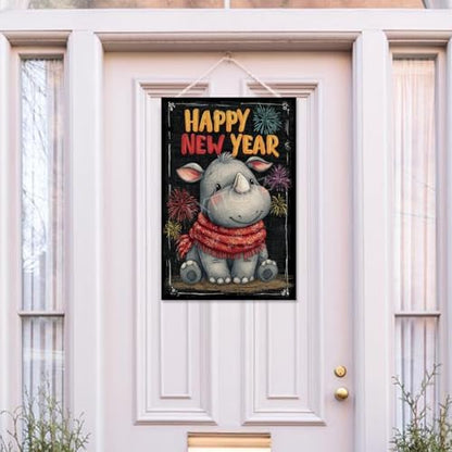 Happy New Year Garden Flag 12x18 Double Sided Vertical Linen Small Fireworks Rhino House Flag Welcome Holiday Winter House Outdoor Outside Decorations (27180)
