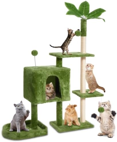52inch Large Cat Tree Tower Condo with Hammock for Indoor Cats, Soft Plush Multi-Level Climbing Tree Cat House with Cat Cave, Scratching Post, Sisal Rope, Green