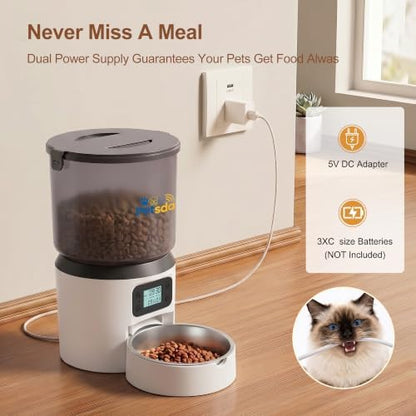Automatic Cat Feeder 4L Timed Cat Dry Food Dispenser Auto Pet Feeder Portion Control up to 9 Meals/Day for Cats and Small Dogs Dual Power Supply, with Stainless Bowl Fresh Food, Easy Clean